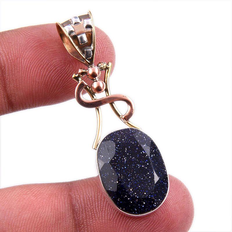 

Натуральный голубой солнечный камень 925 проба Стерлинговое серебро Подарок Двухцветный кулон 1,75 e3g36