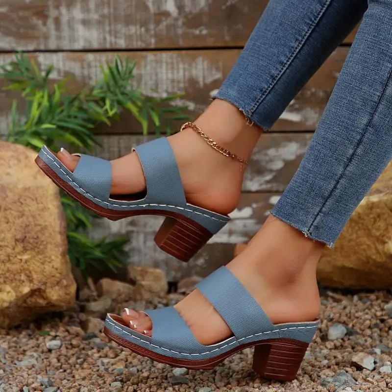 Fashion Vintage Open Toe Outside Slippers Women 2025 Summer High Heels Comfortable Sandals Women Classic Blue Back Strap Daily Shoes