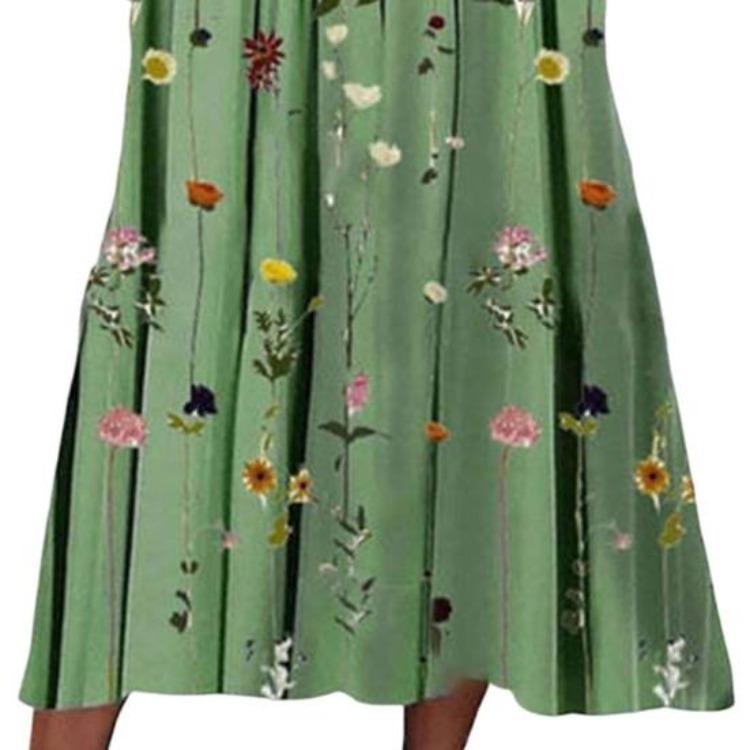 Women Floral Boho Summer Swing Dress Midi Length Flowy Pleated with Pockets Casual Crew Neck Half Sleeve