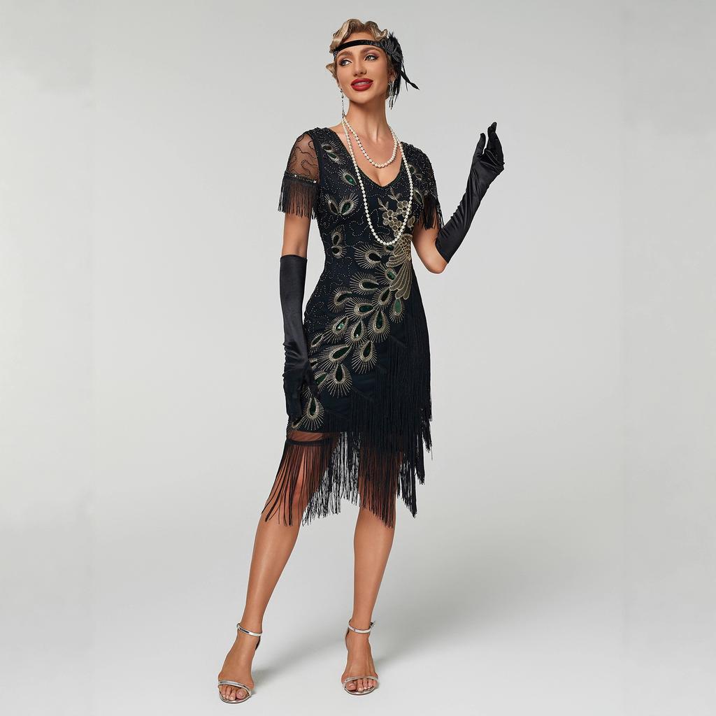 Dámské šaty ve stylu 20. let s pavím peřím a korálky, Flapper šaty s flitrovými třásněmi, Velký Gatsby, Koktejlové šaty, Společenské šaty