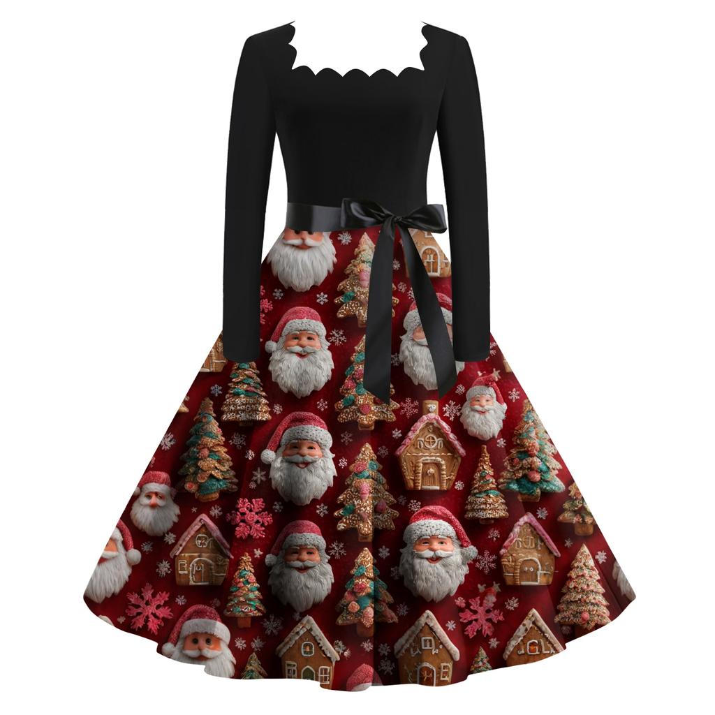 Women's Fashion Retro Long-sleeved Square Collar Christmas Printed Evening Dress