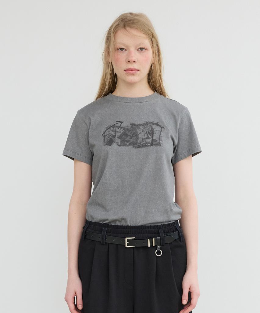 Yusentig Back Cut-Out Graphic Short Sleeve T-Shirt Gray Aw5Me43112