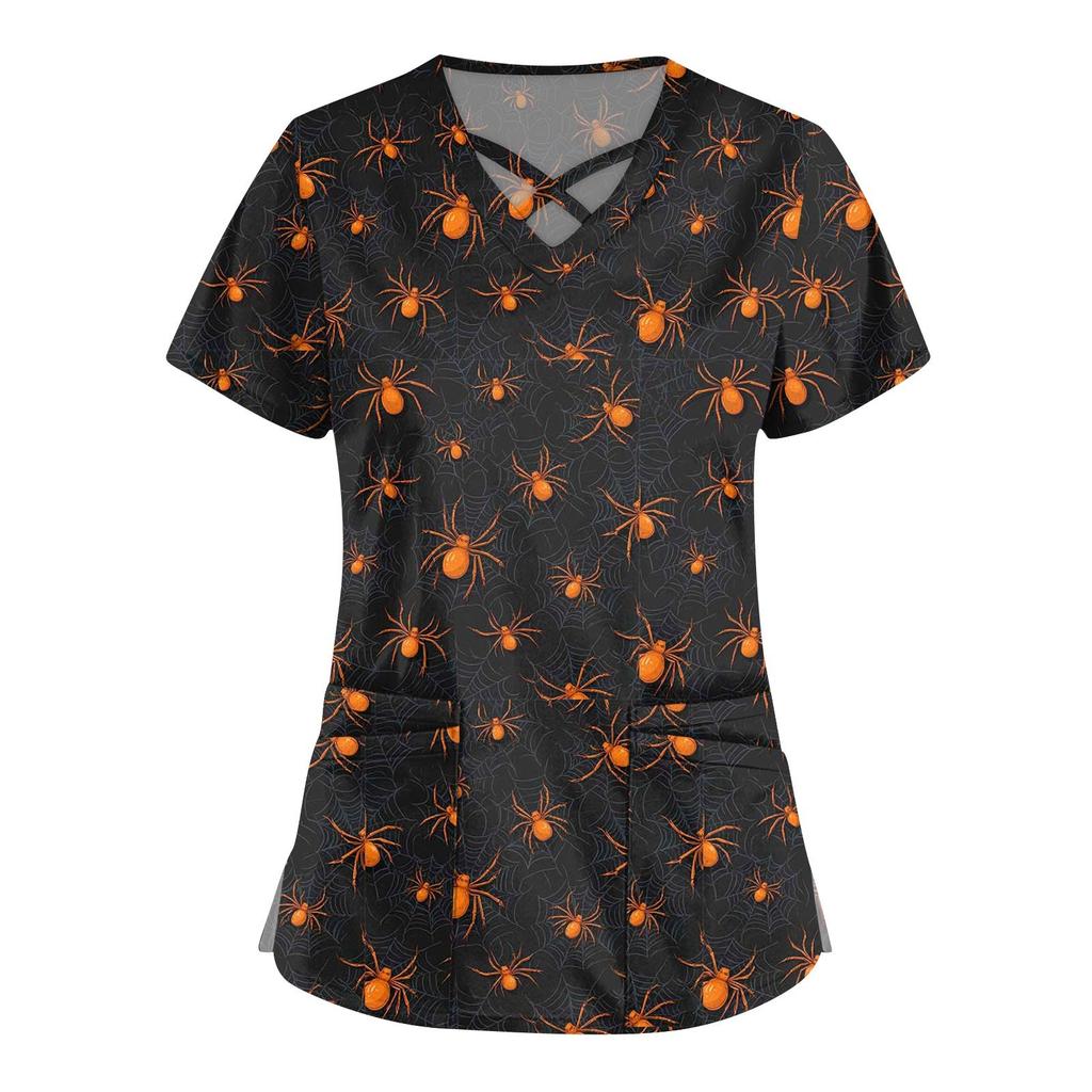 Dámská móda Křížový V výstřih Krátký rukáv Kombinézy Dvojité kapsy Halloweenské Potištěné Topy Uniformy