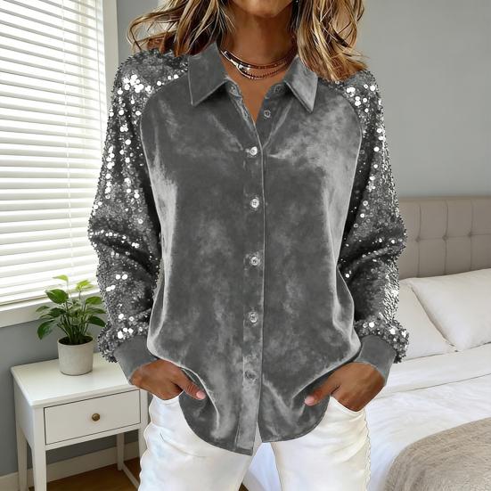 Yousheng Women Shirt Button-Down Lapel Long Sleeve Shirt Tops Solid Color Loose Fit Shiny Sequins Sleeve Velvet Shirt Cocktail Party Wear