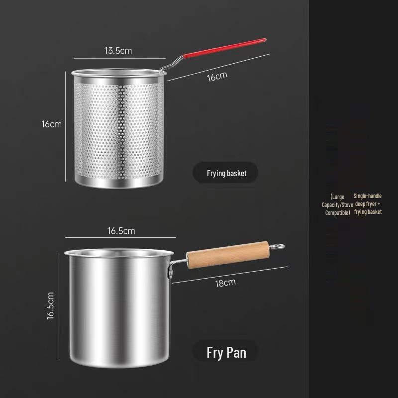 304 Stainless Steel Deep Fryer with Wooden Handle and Filter Basket for Induction Cooker