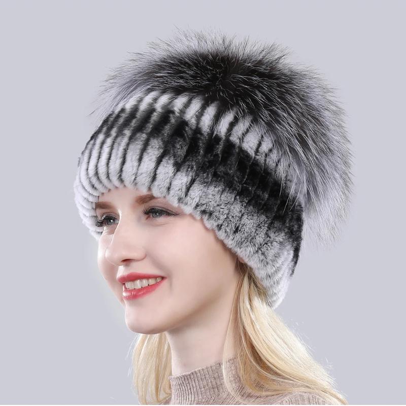 New Outdoor Good Elastic Natural Rex Rabbit Fur Hat Women Winter Knitted Real Sliver Fox Fur Cap Lady Real Fur Hats