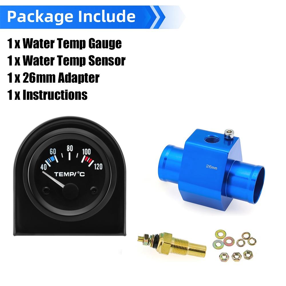 52mm Water Temperature Gauge 40-120 Celsius Water Temp Sensor Joint Pipe Sensor 26/28/32/34/36/38/40mm Hose Adapter For 12V Car