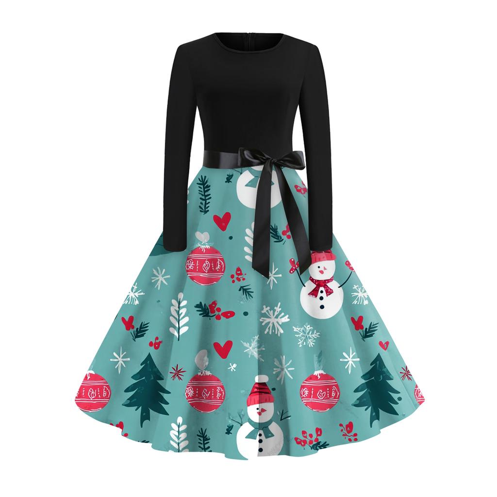 Women's Fashionable And Elegant Autmn And Winter Long-sleeved Round Neck Christmas Print Dress