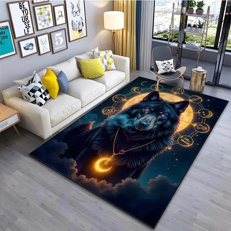 Black Wolf Pattern Area Rug–Stylish Carpet for Living Room or Bedroom – Non-Slip Bedside Floor Mat, Cool Home Decor Gift for Men