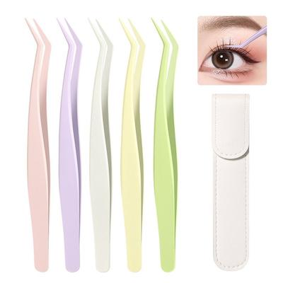 Stainless Steel False Eyelash Tweezers High Precision With Leather Case Lashes Extension Tweezer Anti-static Eyelash Curler