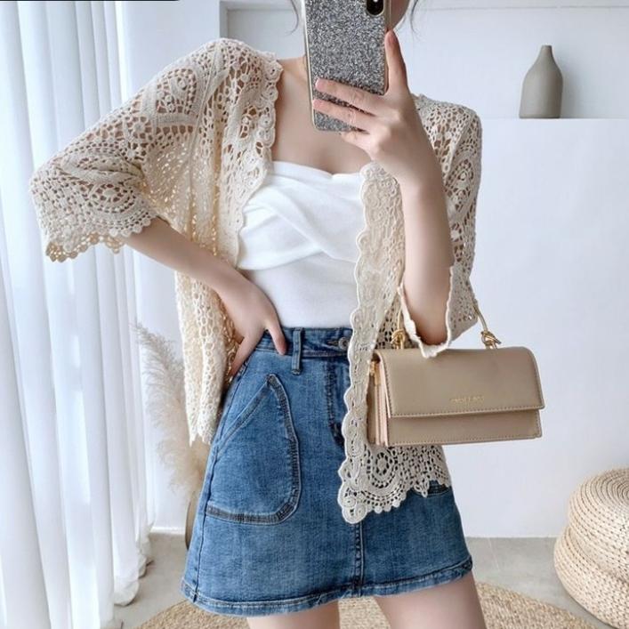 Summer Shawl Cardigan womenThin Hollow Knit Coat Short Blouse Sunscreen Shirt