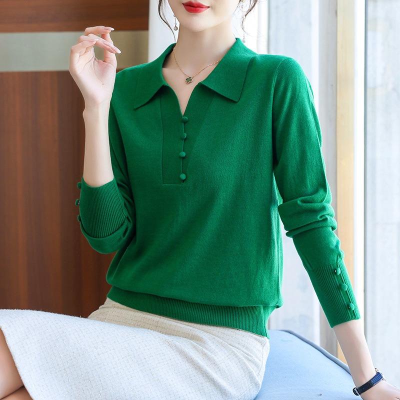 Lapel Knitted Bottoming Shirt Spring and Autumn Long-sleeved Top Mother Autumn Clothes New Women's Clothing Early Autumn Thin Sweater