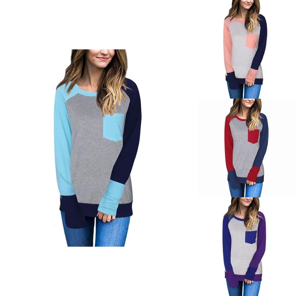Stylish Casual Womens Long Sleeve Pocket Tshirt With Stitched Color Details