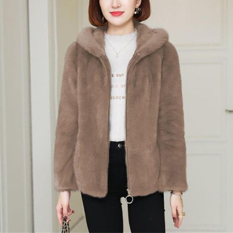 Women's Warm Zippered Hooded Sweater Solid Color Coral Velvet Loose Lamb Wool Jacket Double Sided