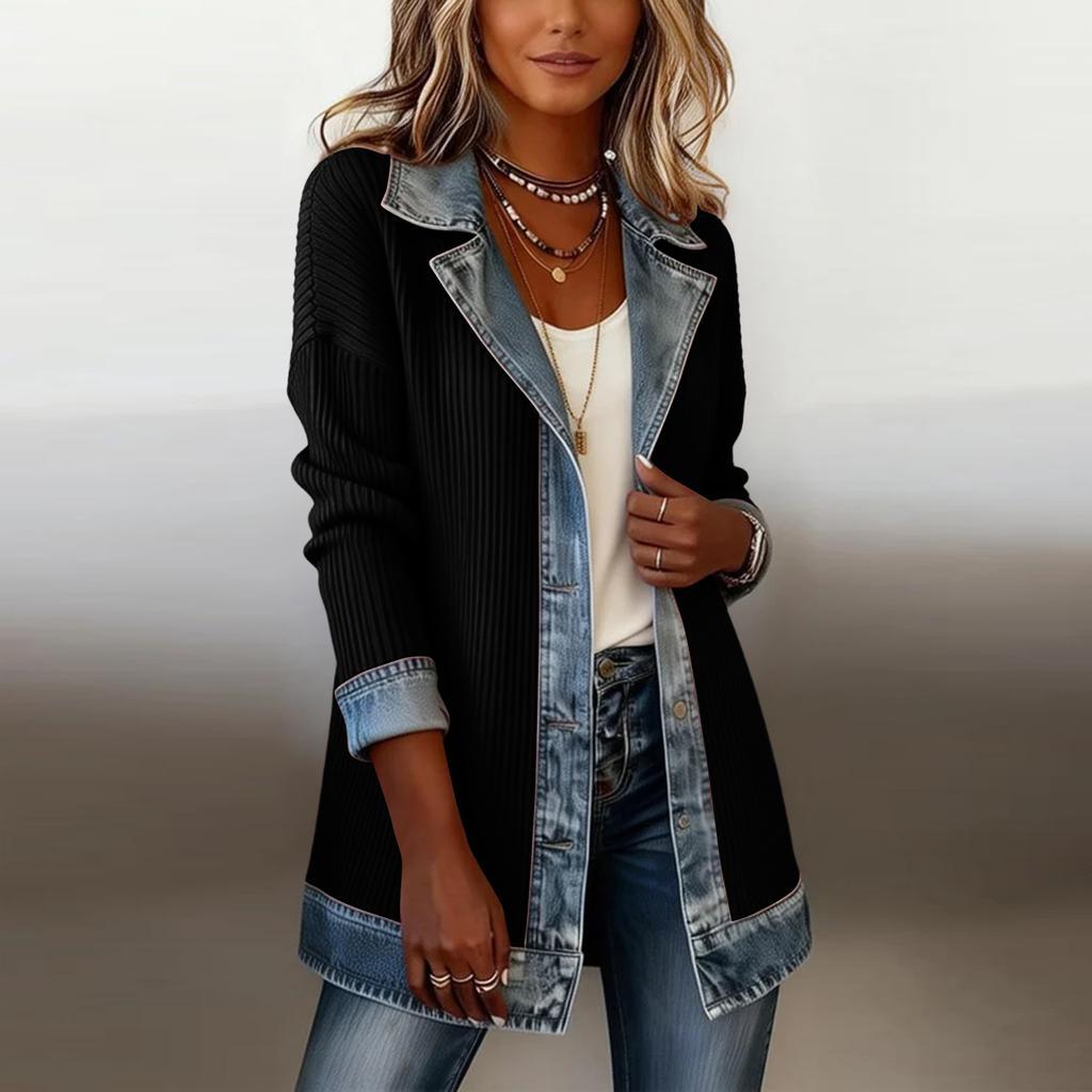 Damska Modna Codzienna Kurtka z Guzikami i Naszywkami, Długim Rękawem i Kołnierzykiem