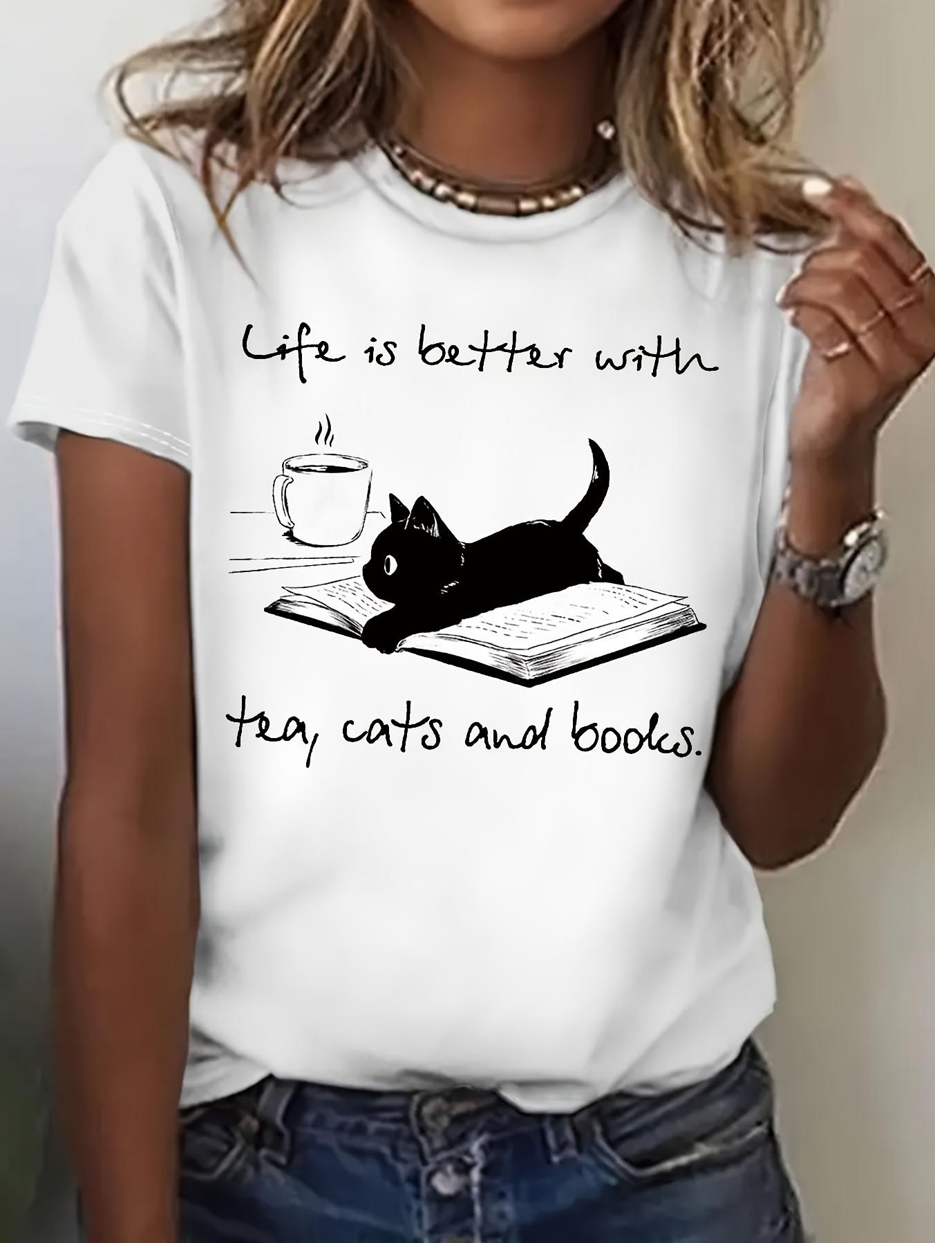 

Comfortable Womens Casual Cat Book Graphic Print Tshirt Womens Harajuku Casual Short Sleeve Tshirt Clothing Soft Cotton S