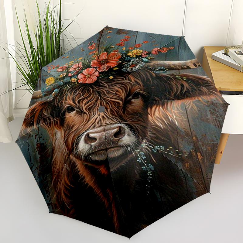 Retro Highland Cow Folding Umbrella Fashion Auto-Open Design 8 Iron Ribs Plastic Handle Foldable Sunshade Perfect Christmas Gift