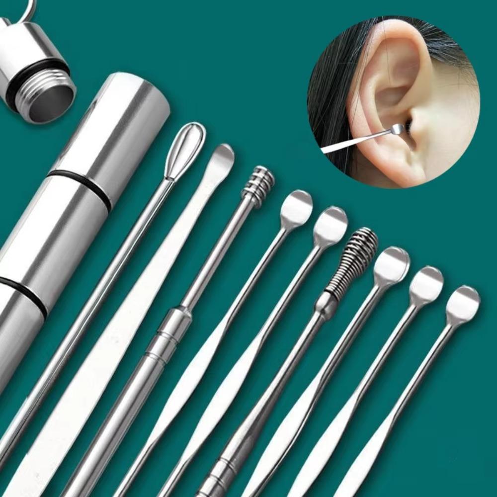 9Pcs/set New 9Pcs/Set Earwax Removal Tools Stainless Steel Curette Spoon Earpick Easy Carry Ear Care Ear Clean Tool