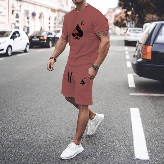 Nová sada pánských šortek a trička Oblečení s krátkým rukávem Grafické potisky Poker O Neck Bílý 3D tisk Outdoorové oblečení na ulici 2ks