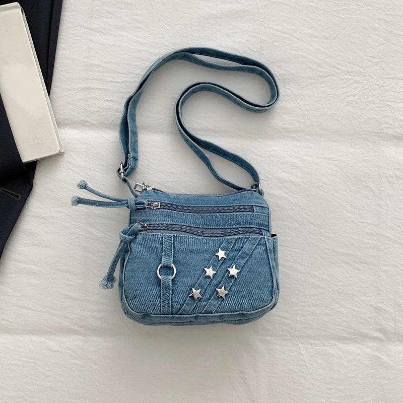 Washed Denim Crossbody Bag for Women Multi-Zipper Star Stud Casual Small Shoulder Purse