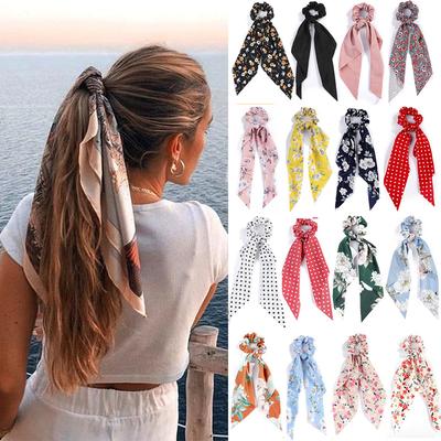 Mode Blumenmuster Schleife Satin Langes Band Pferdeschwanz Schal Krawatte Scrunchies Frauen Mädchen Gummibänder Haarschmuck