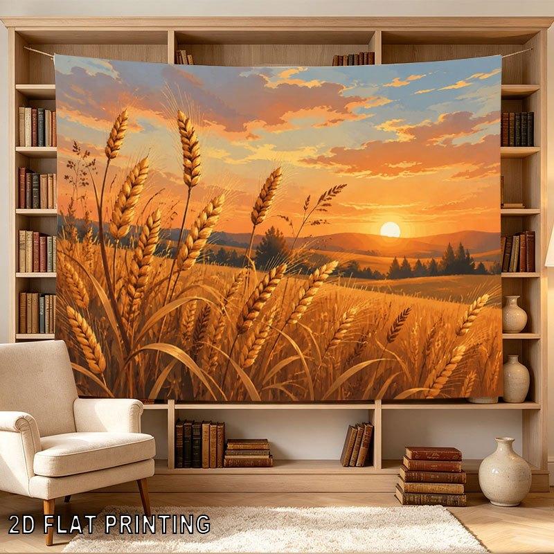 2D Flat - 2D Flat - 1pc 2D Flat Tapestry Golden Wheat Field at Sunset Rural Landscape Tapestry