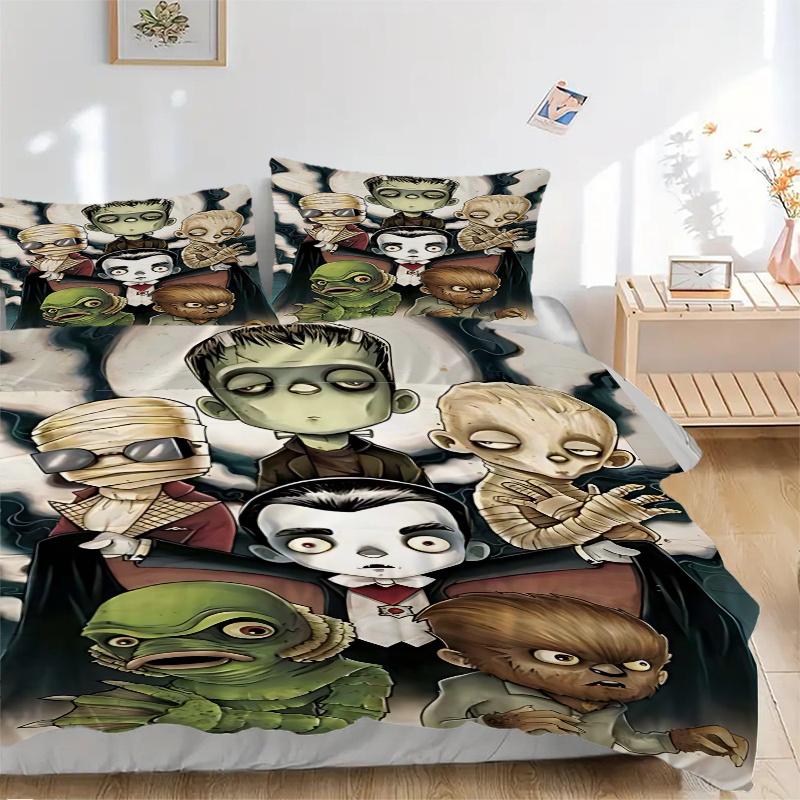 3pcs Halloween Monster Family Bedding Set - Includes One Quilt Cover and Two Pillowcases (No Core) - Anime Cartoon Design - Perfect for Bedroom and Gu
