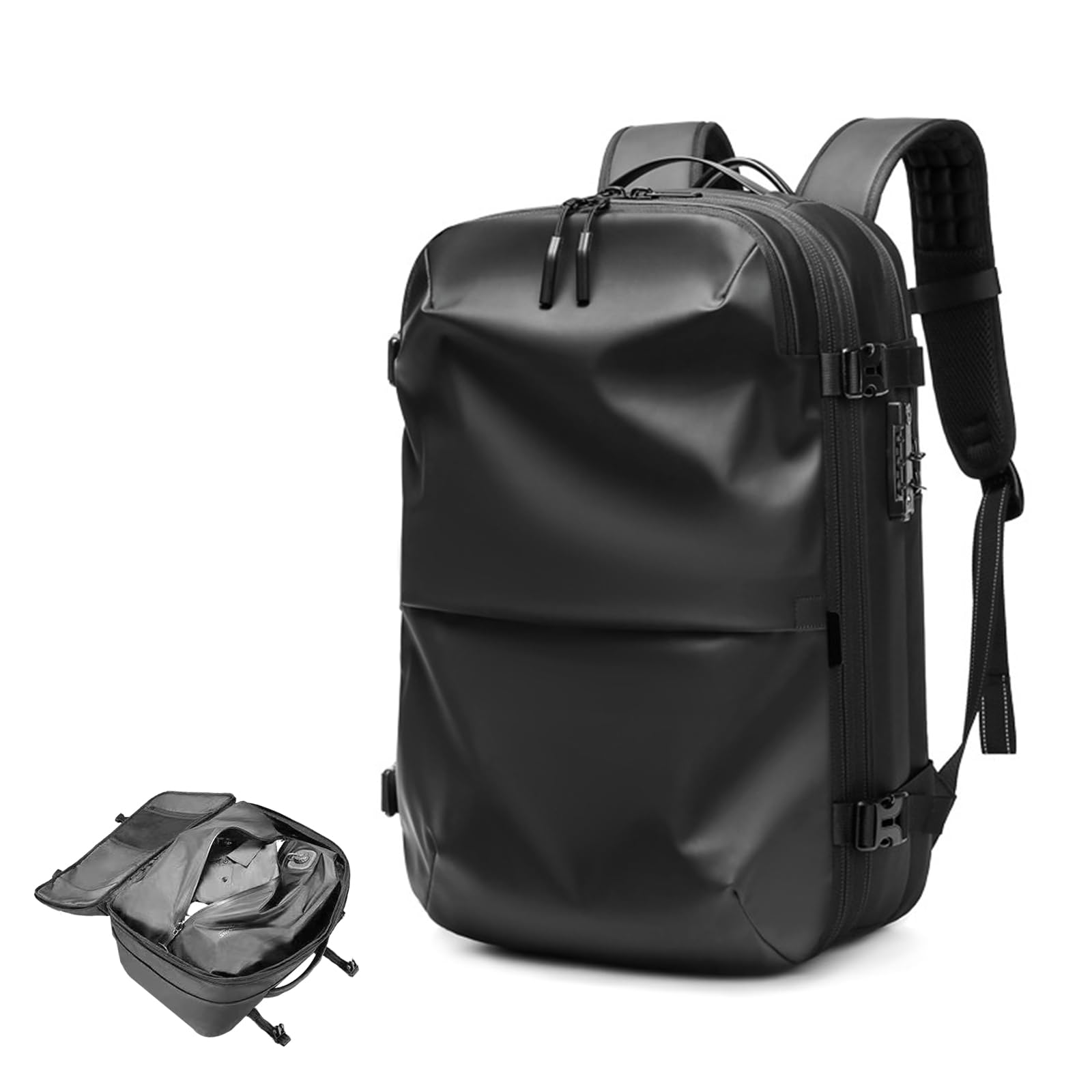 

[HVQ] [Innovative Vacuum Compression Technology] Leather Compression Backpack with Built-in Pump, One-Touch Compression, Airbag, 60L Large Capacity,