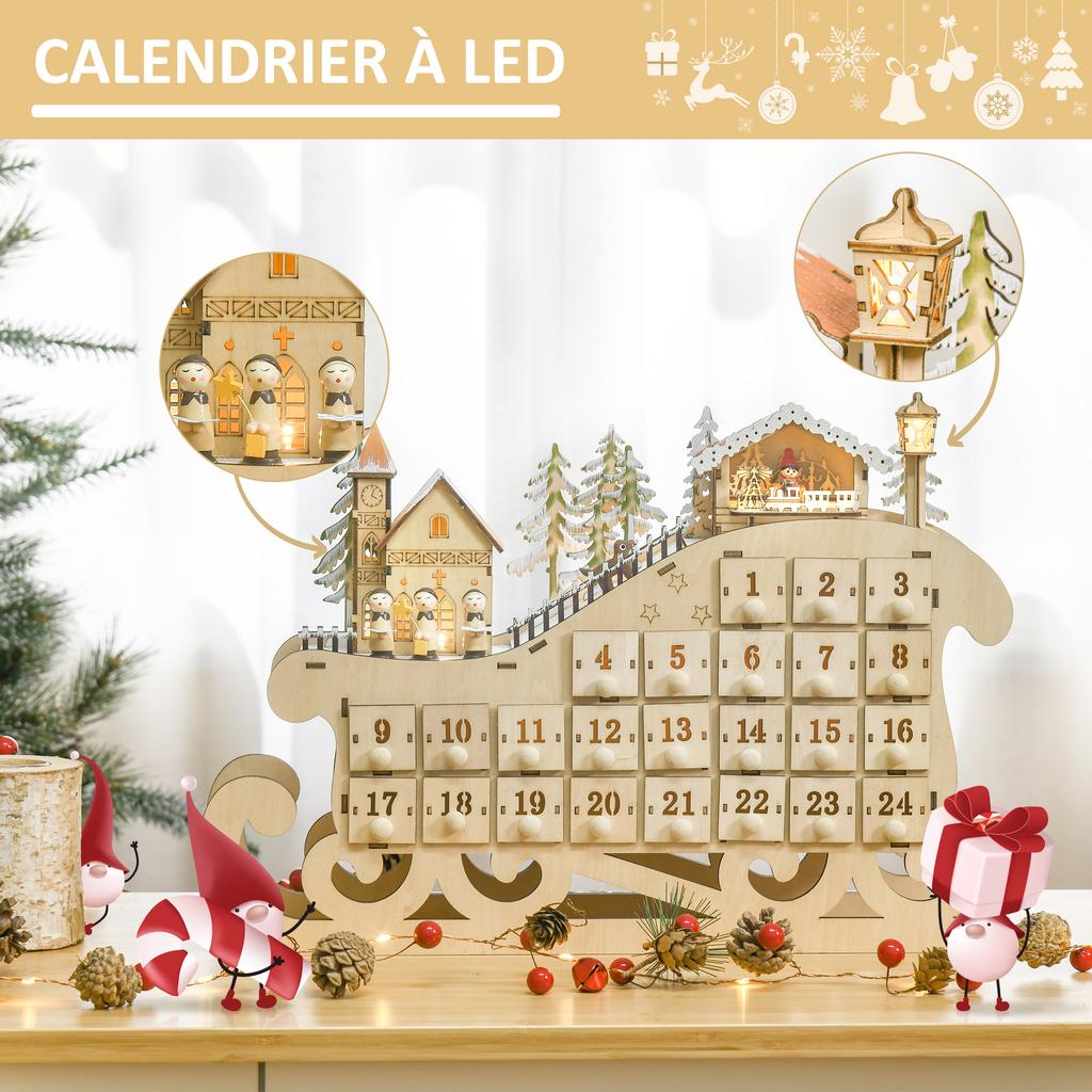 Christmas Advent Calendar, 2021 Light Up Table Xmas Wooden Sleigh Holiday Decoration with Countdown Drawer, Village, for kids Adults