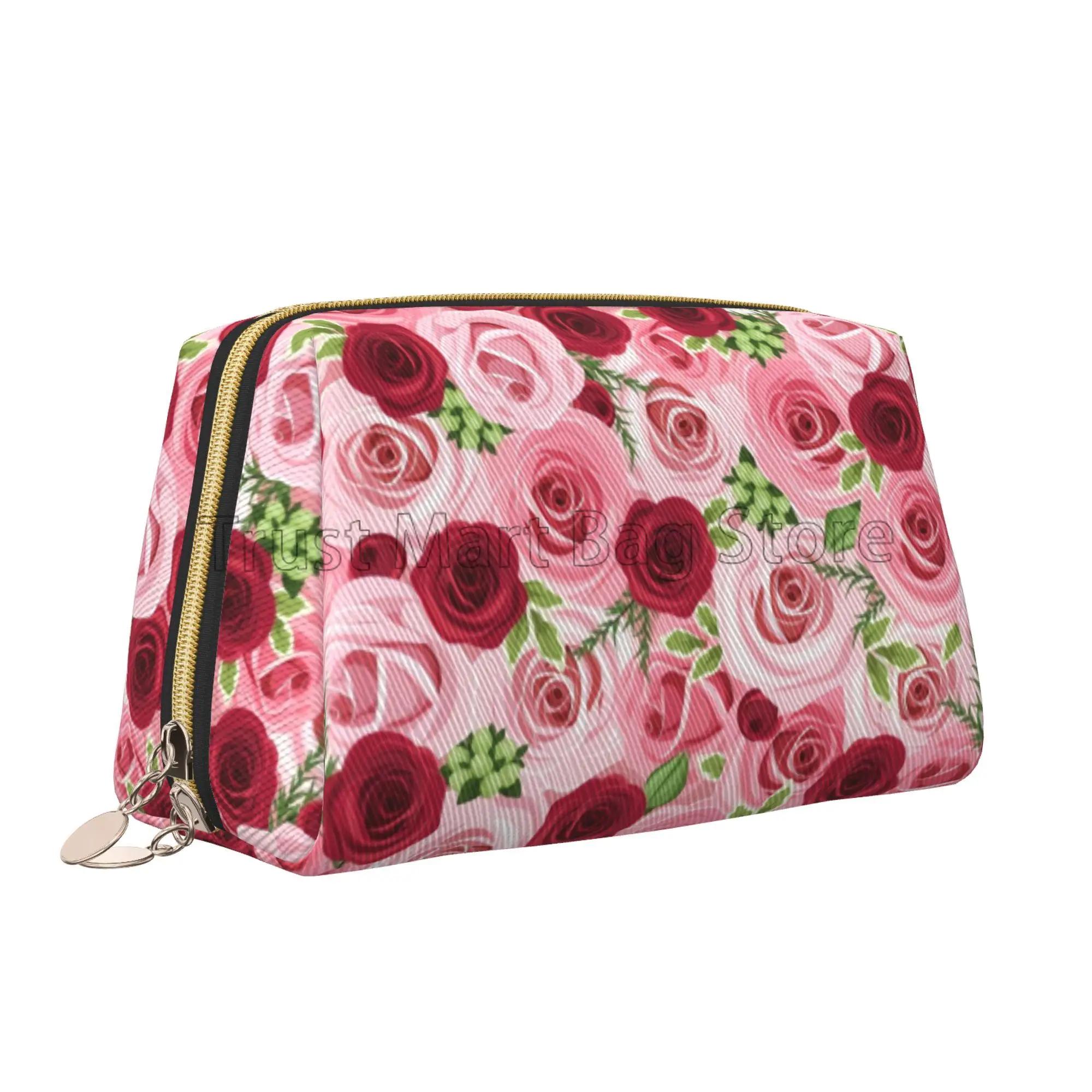 

Pink Red Rose Print Large Travel Makeup Bag Pouch Cosmetic Bags Leather Waterproof Toiletry Bag for Women Valentine s Day Gifts