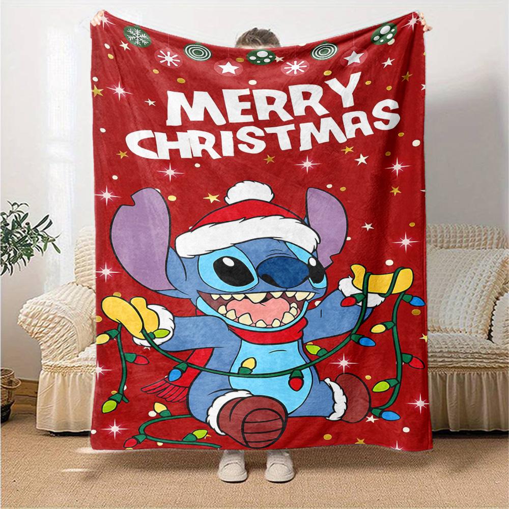 Merry Christmas Stitch Flannel Blanket Super Soft Warm Cozy Blanket for Sofa Bed Office Travel All‑Season Home Decor Gift