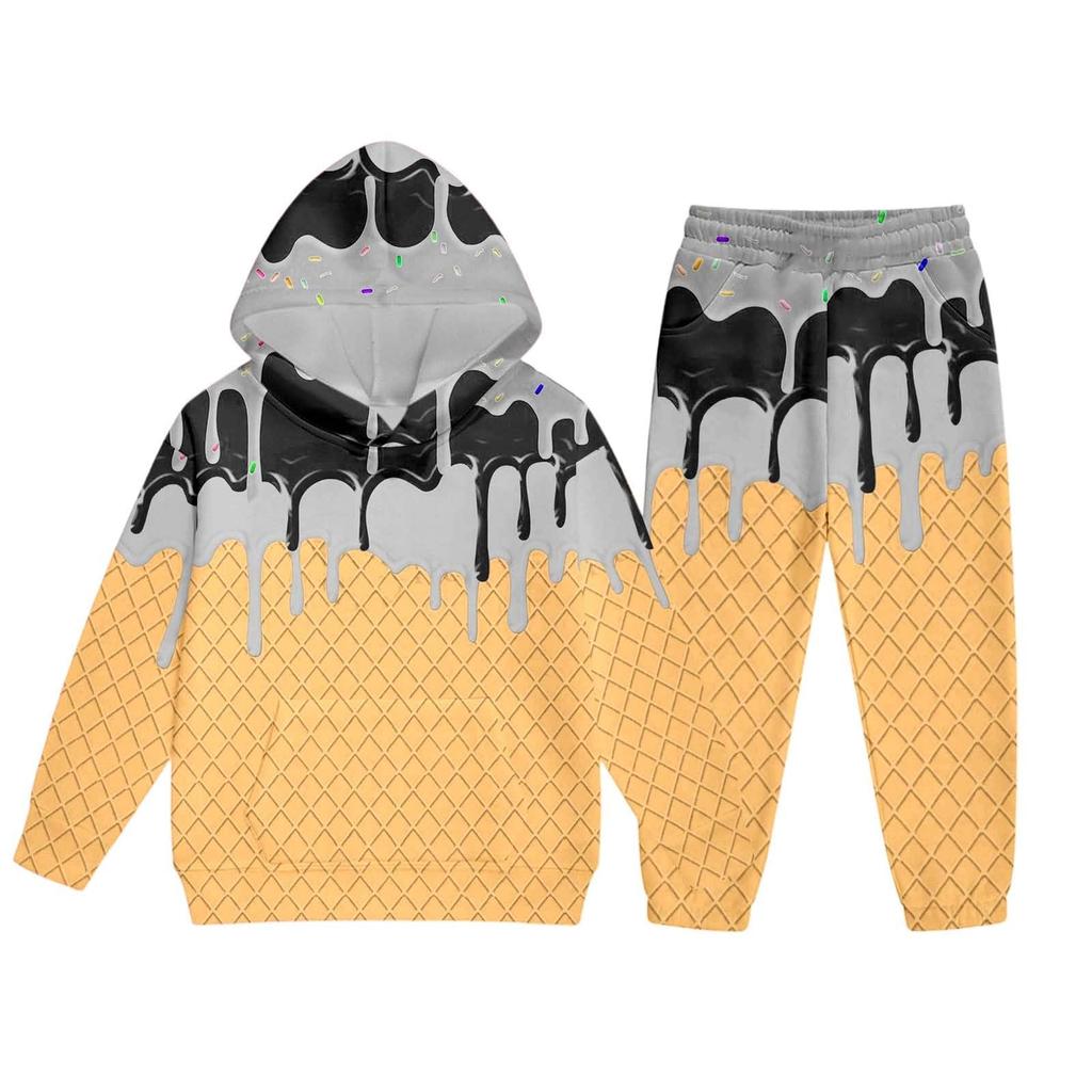 Children's Casual Printed Pullover Long-Sleeved Hooded Sweatshirt And Pants Set