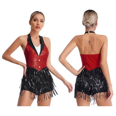 Womens Latin Performance Wear Halter Neck Backless Sequins Fringe Jumpsuit Sleeveless Tassel Leotard