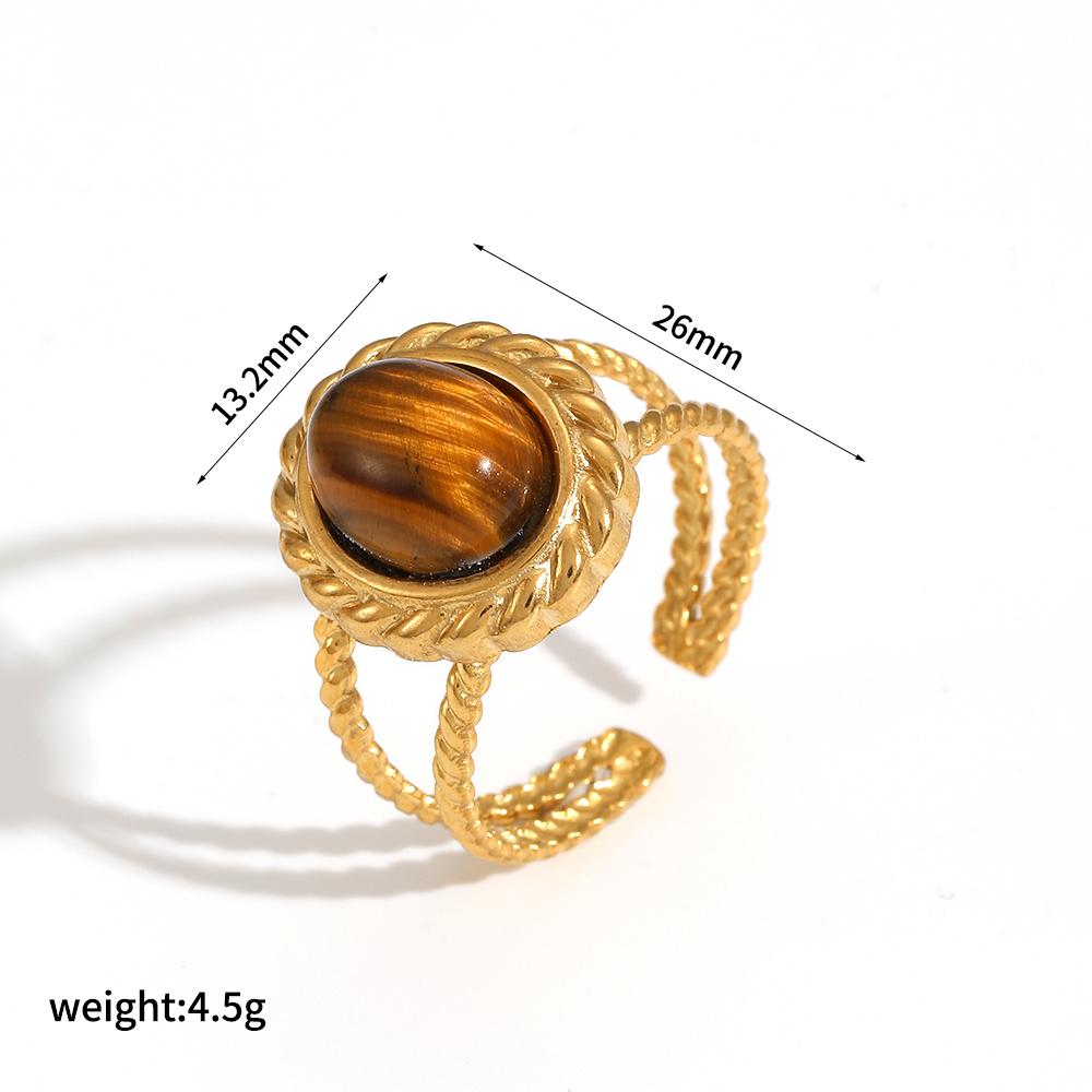Vintage Natural Tiger's-eye Stone Geometric Gold Plated Stainless Steel Ring Trendy Fashion Ring Jewelry