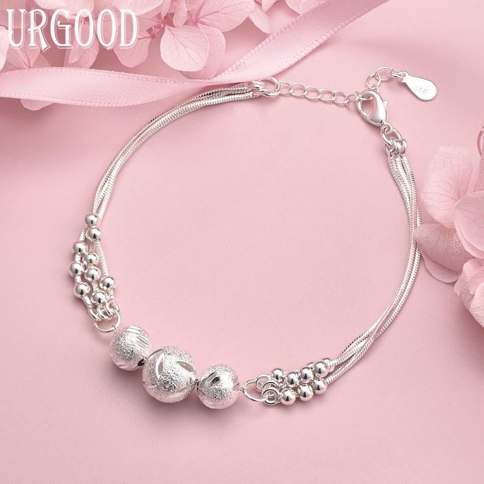 

925 Sterling Silver Snake Chain Bead Bracelet Wedding Jewelry 20cm