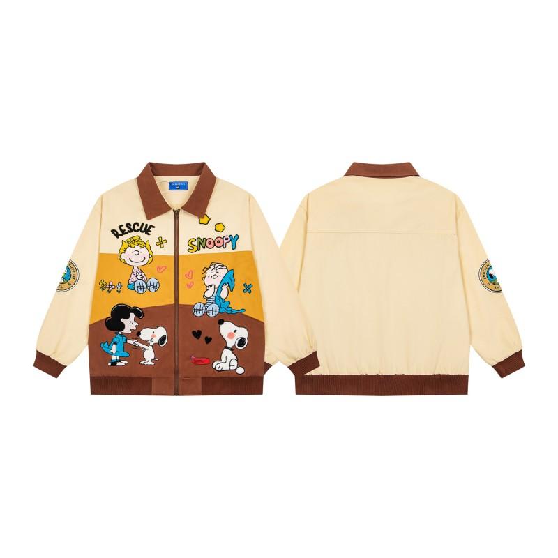 Winter American Street Retro Color Block Jacket Cartoon Embroidery Loose Casual Couple Outerwear