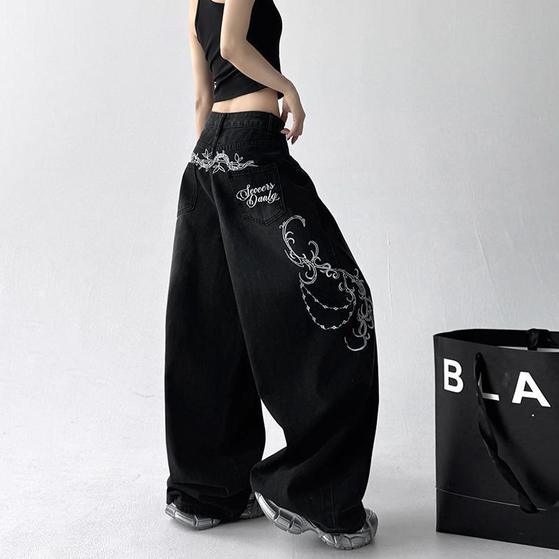 

Летние джинсы унисекс в стиле ретро с вышивкой в виде скимитара и широкими штанинами, 2025 S чёрный