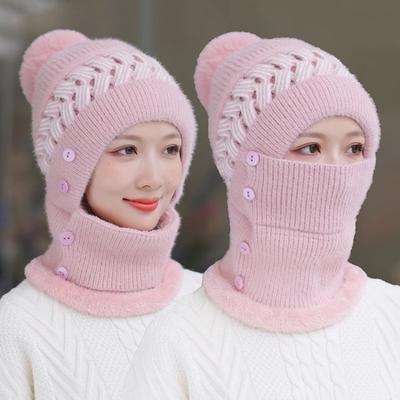 Winter Warm Hat Scarf Fleece Thickened Granny Hat Wool Knitted Women's Hat Mom Hat Winter Grandma Hat