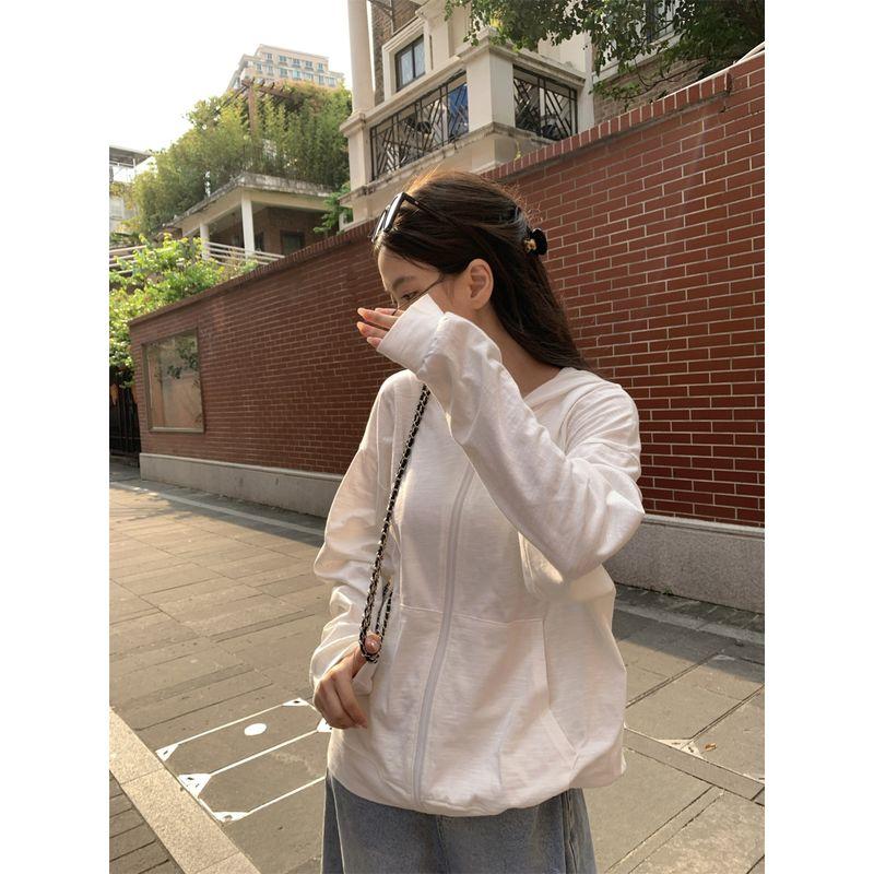 Kumikumi Idle Style All-Match Hood Zip-up Long sleeve Outerwear Women Autumn Loose Slimming Niche Age Reducing Top