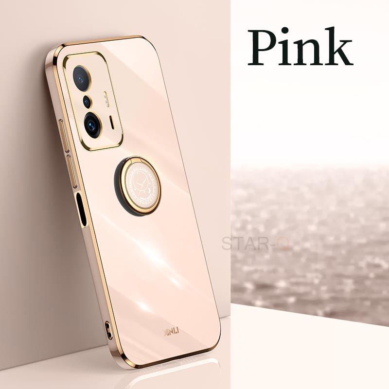 Lyxig Plätering Fyrkantig Stötfångare Ringhållare Telefonfodral För Xiaomi Mi 11t Pro 11 T Silikon Ställskydd På Xiomi Mi11 Mi11t 11tpro