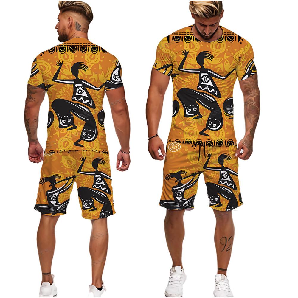 YUHA,Short Sleeve Plus Size Men Retro Ethnic Print Tracksuit Couple Dashiki Clothes Summer African Men's T Shirt Shorts Two Piec