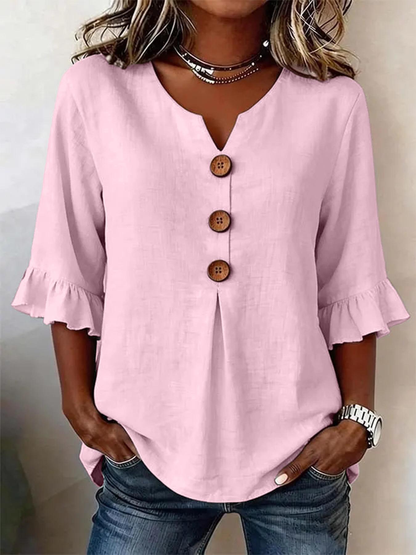 

Spot, European, American, summer women s v-neck cotton and linen button-up top XXXL рожевий