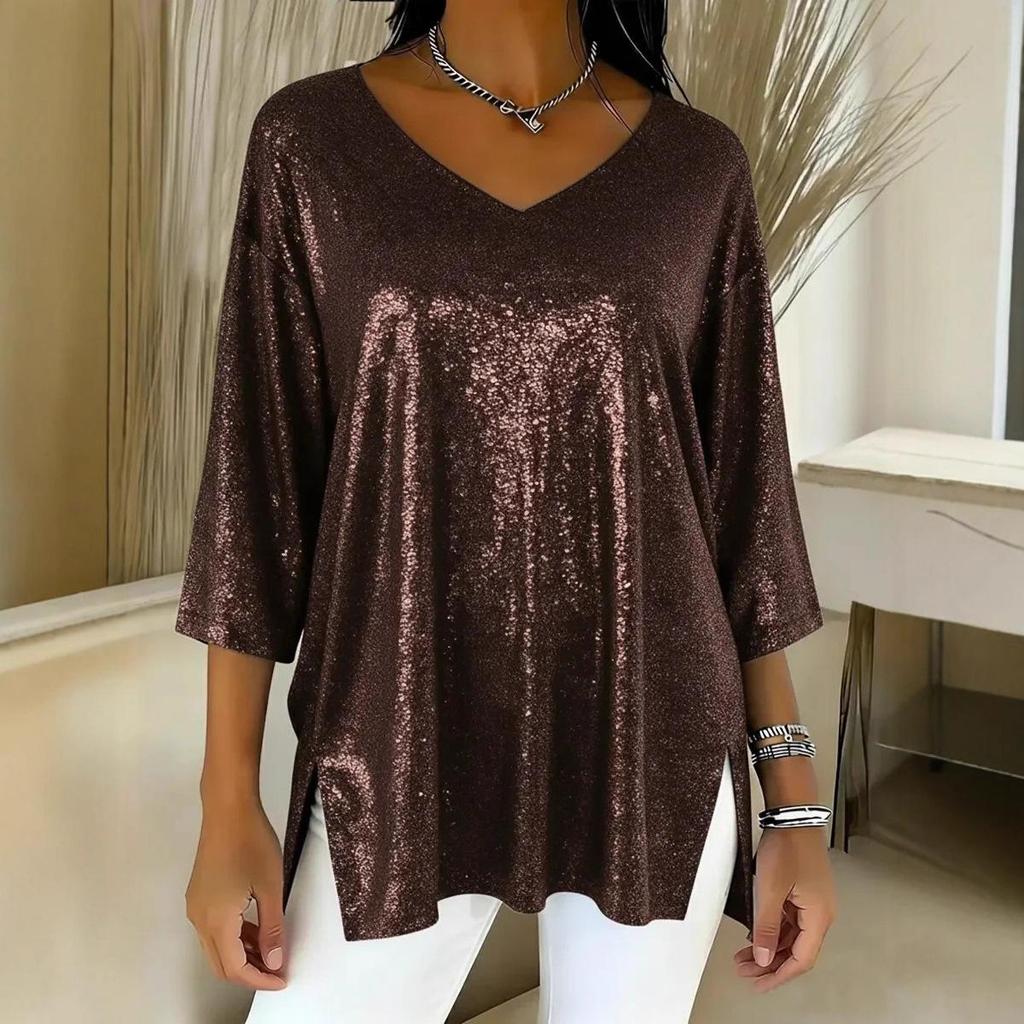 Top da donna con scollo a V, paillettes scintillanti, maniche lunghe