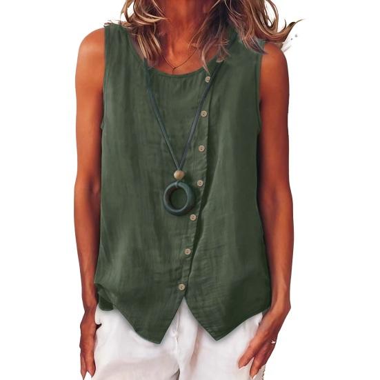

Women Tops Crew Neck Sleeveless Side Buttons Decor Asymmetric Design Pullover Tops Pure Color Loose Fit Summer XL армія зелений колір