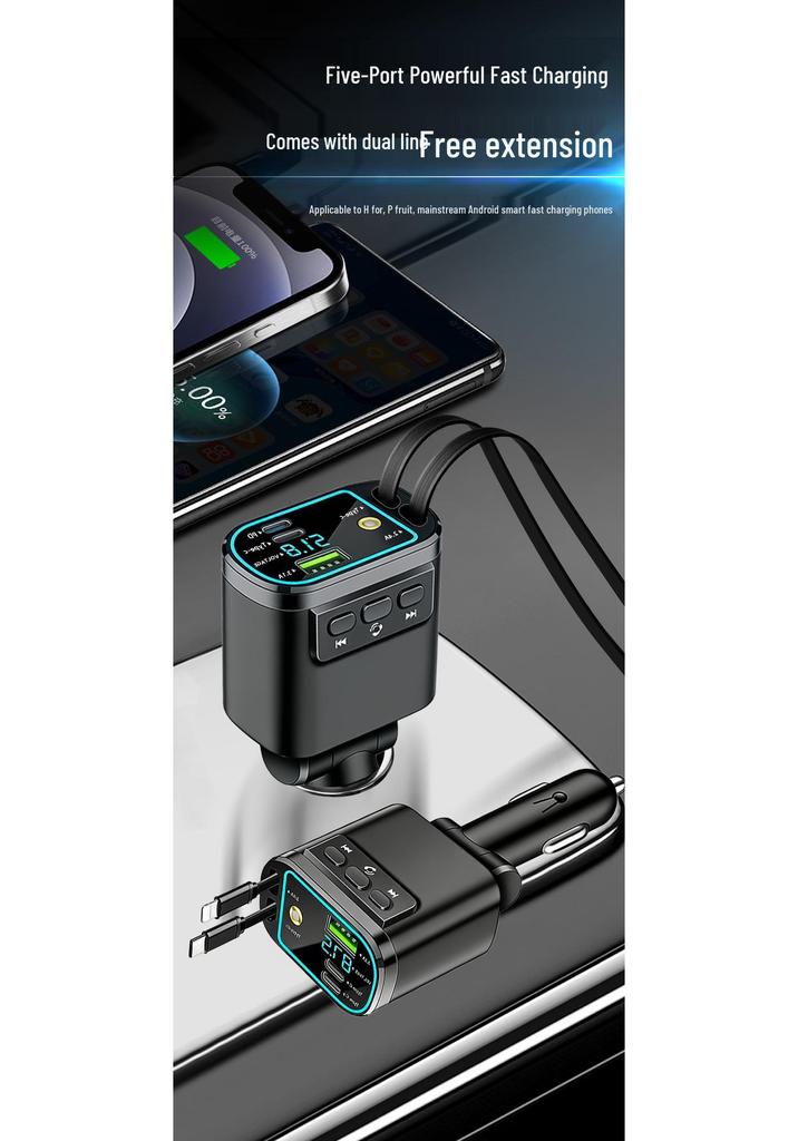 Bluetooth MP3 Car Charger with Digital Display, Super Fast Charging, High Sound Quality USB, and Retractable Cable