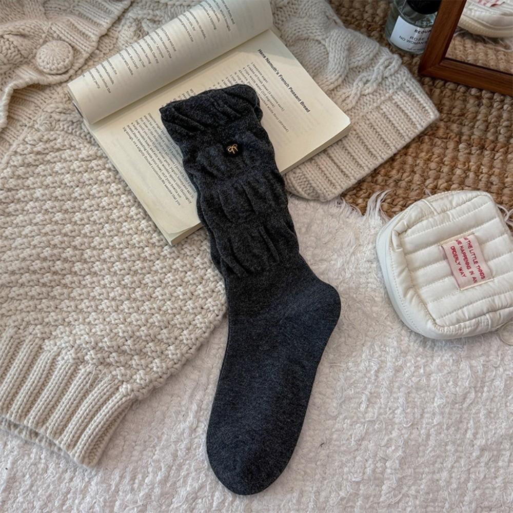 Cotton Blend Mid-calf Knit Socks Bow Button Ballet Winter Socks for Winter Warmth