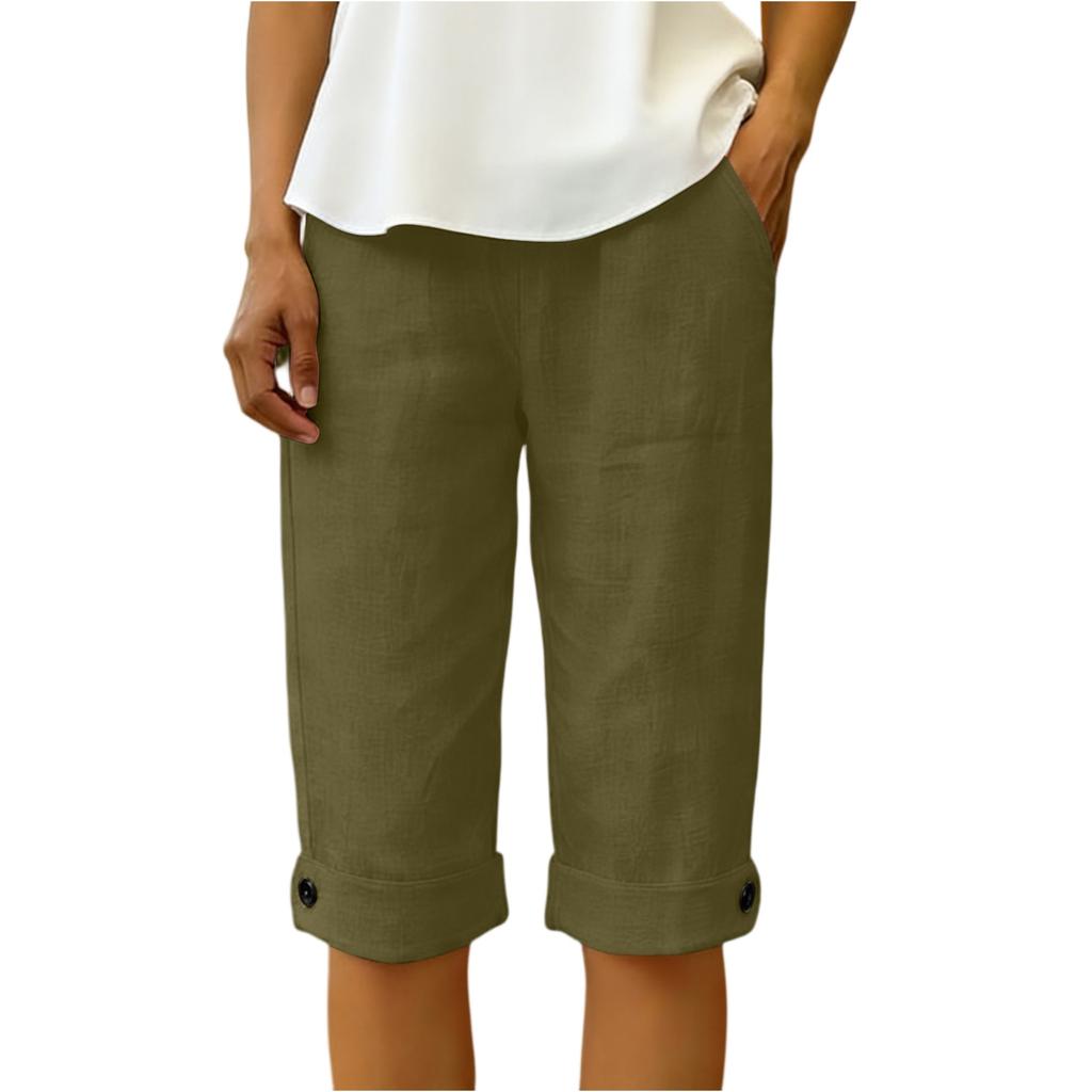 Women's Summer Fashion Color Elastic Waist Cotton Linen Five Quarter Pants Casual Loose Rolled Edge Pocket Shorts