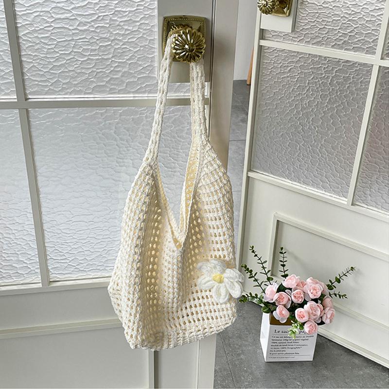 Solid Color Knitting Shoulder Bag Flower Large Capacity Bohemian Crochet Tote Bag Hollow Out Versatile Casual Woven Handbag