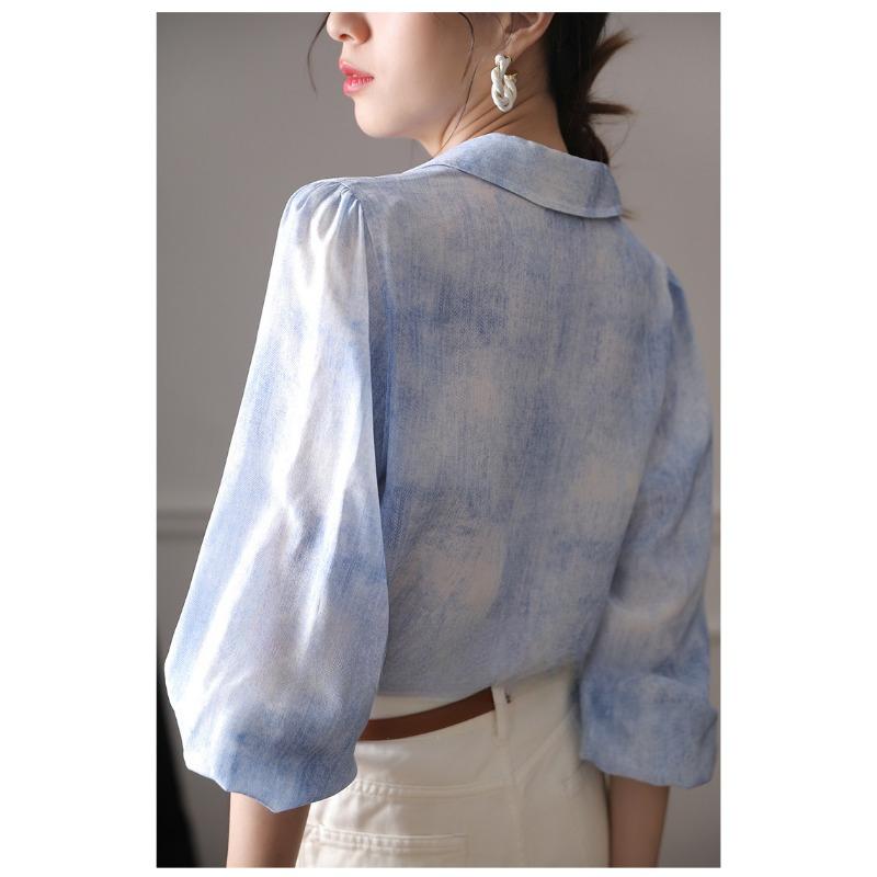 Modrá hedvábná košile pro ženy na jaro a léto Nová volná košile s dlouhým rukávem s temperamentem jako inkoustová košile z morušového hedvábí pro ženy