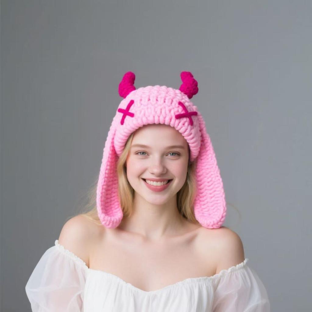 New Little Monster Handmade Knitted Wool Hat Autumn and Winter Thickened Warm Plush Hat Sweet Cool Babe Baotou